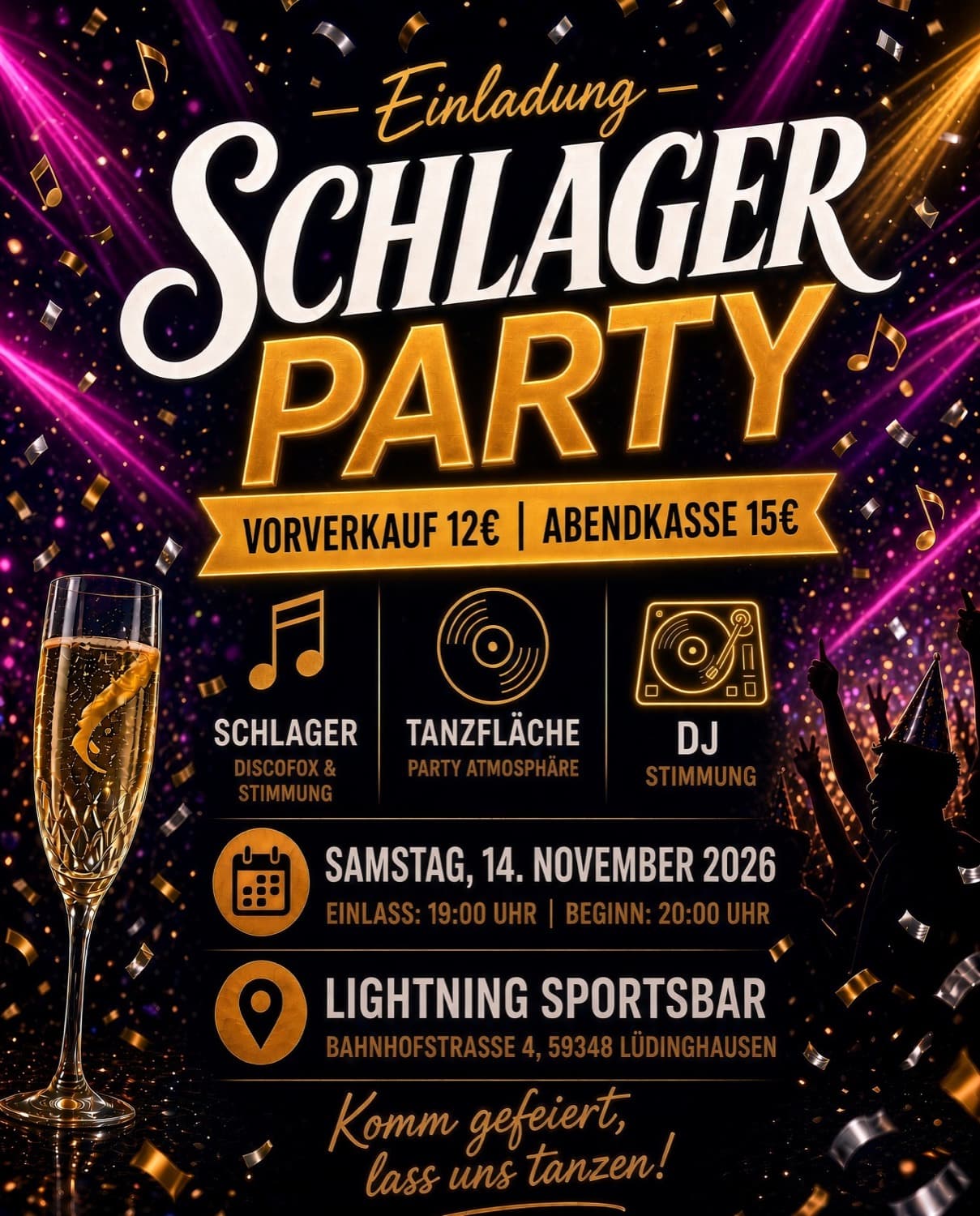Flyer Schlager Disco Fox in der Lightning Sportsbar Lüdinghausen